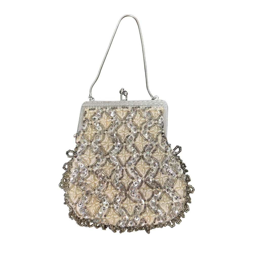 Vintage Beaded Pearl Sequin Evening Bag Silver Cream Kiss Lock Bridal Clutch